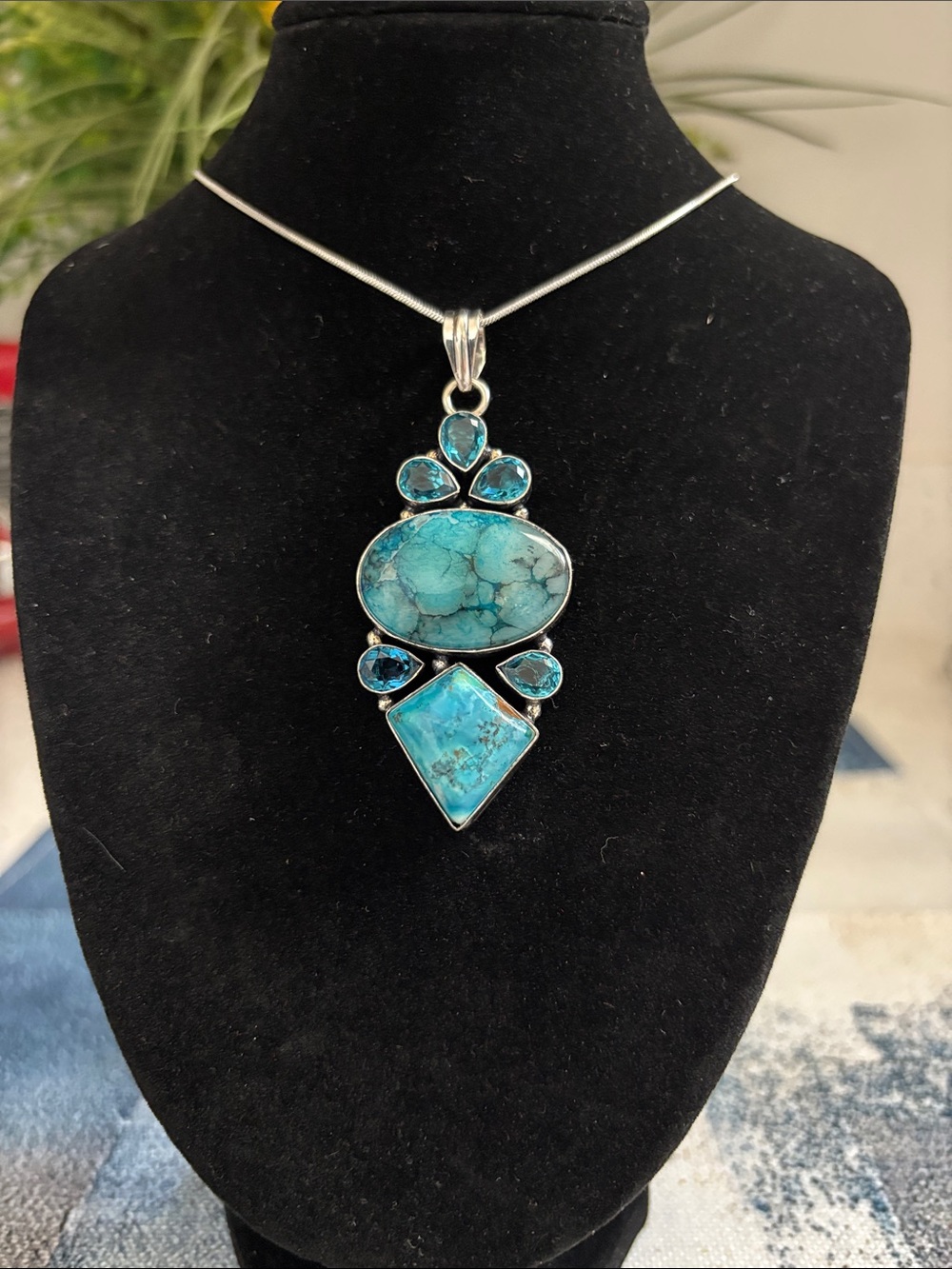 Sterling Silver Dendrite Opal Blue Topaz Gemstone Pendant Necklace